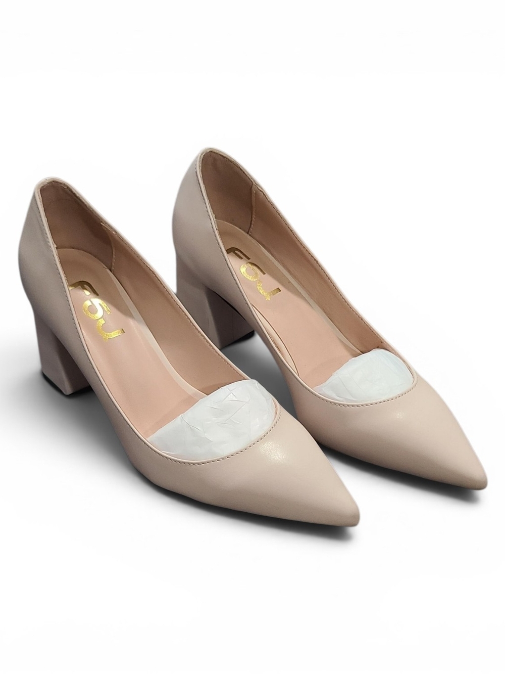 FSJ Nude Pointed-Toe Chunky Heel Pumps 7